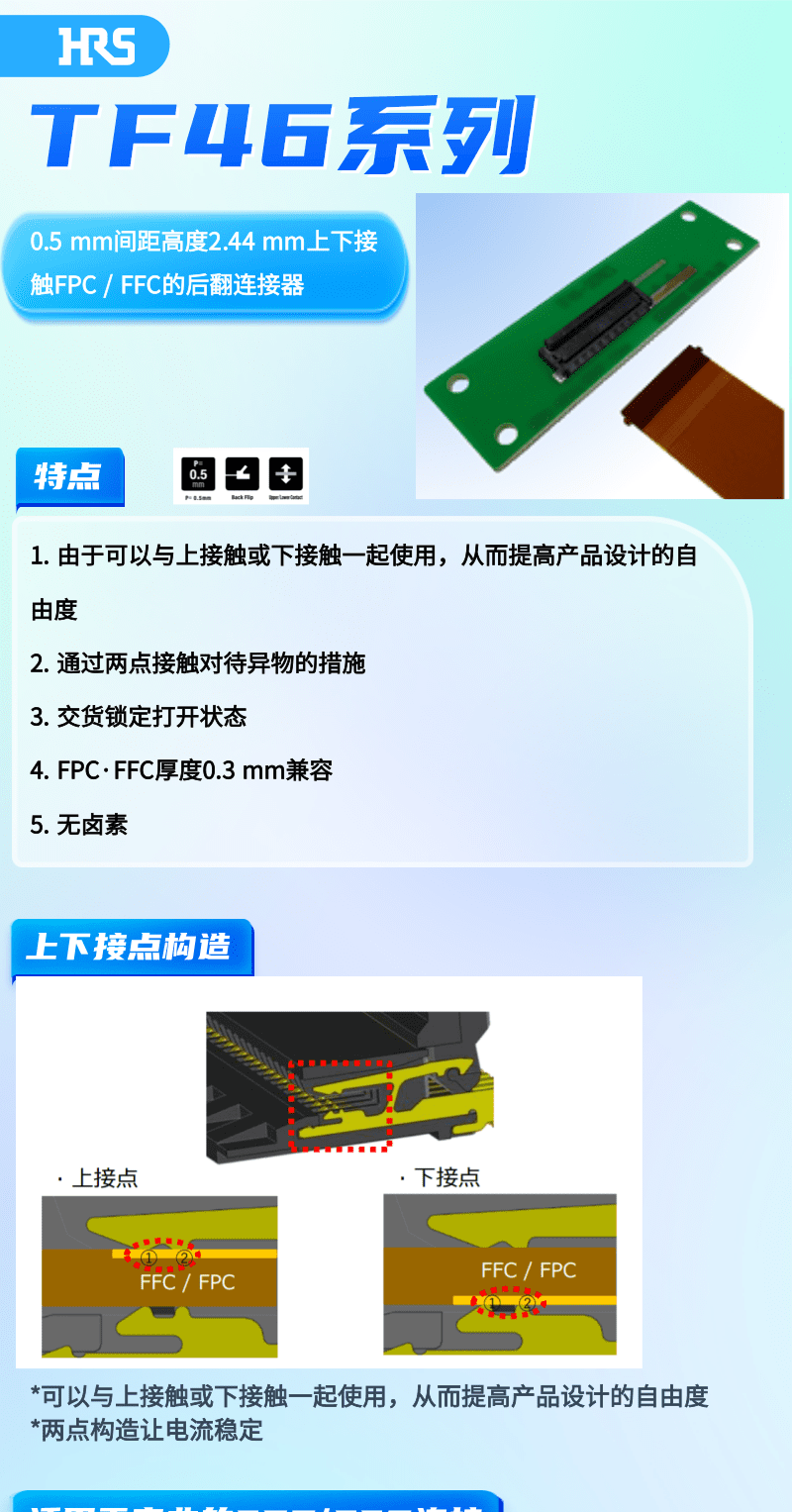 【壹号娱乐产品推荐】上下接触FPC / FFC的后翻连接器-TF46系列