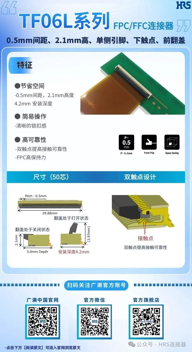 【壹号娱乐产品推荐】单侧引脚，下触点，前翻盖的FPC/FFC连接器TF06L系列